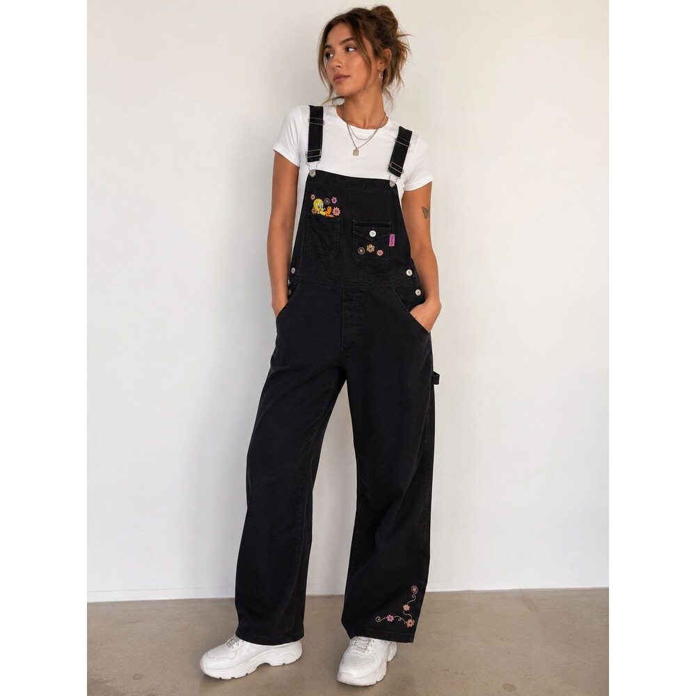Vintage Looney Tunes Tweety Bird Black Denim Overalls Large Y2K Grunge 90's